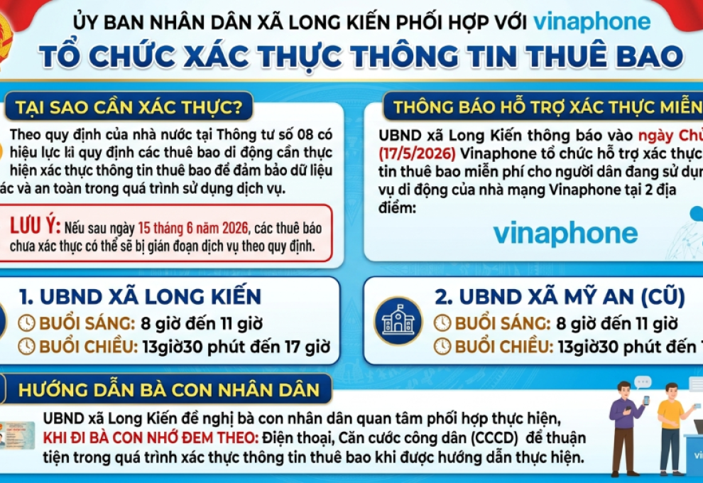 UBND xã Long Kiến phối hợp Vinaphone tổ chức xác thực thông tin thuê bao